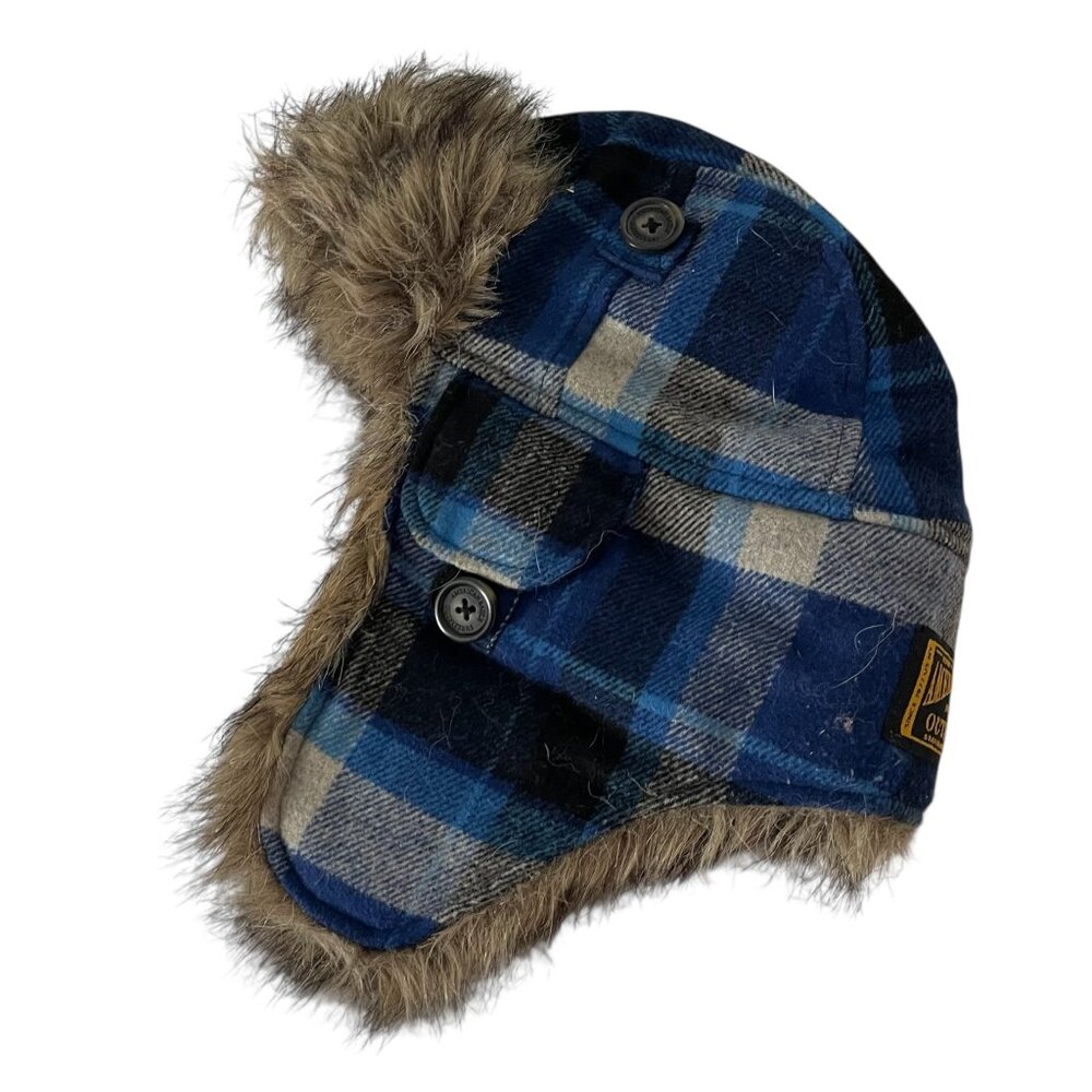 Vtg Y2K American Eagle Winter Trapper Hat Blue Plaid Faux Fur Trim Mad Bomber